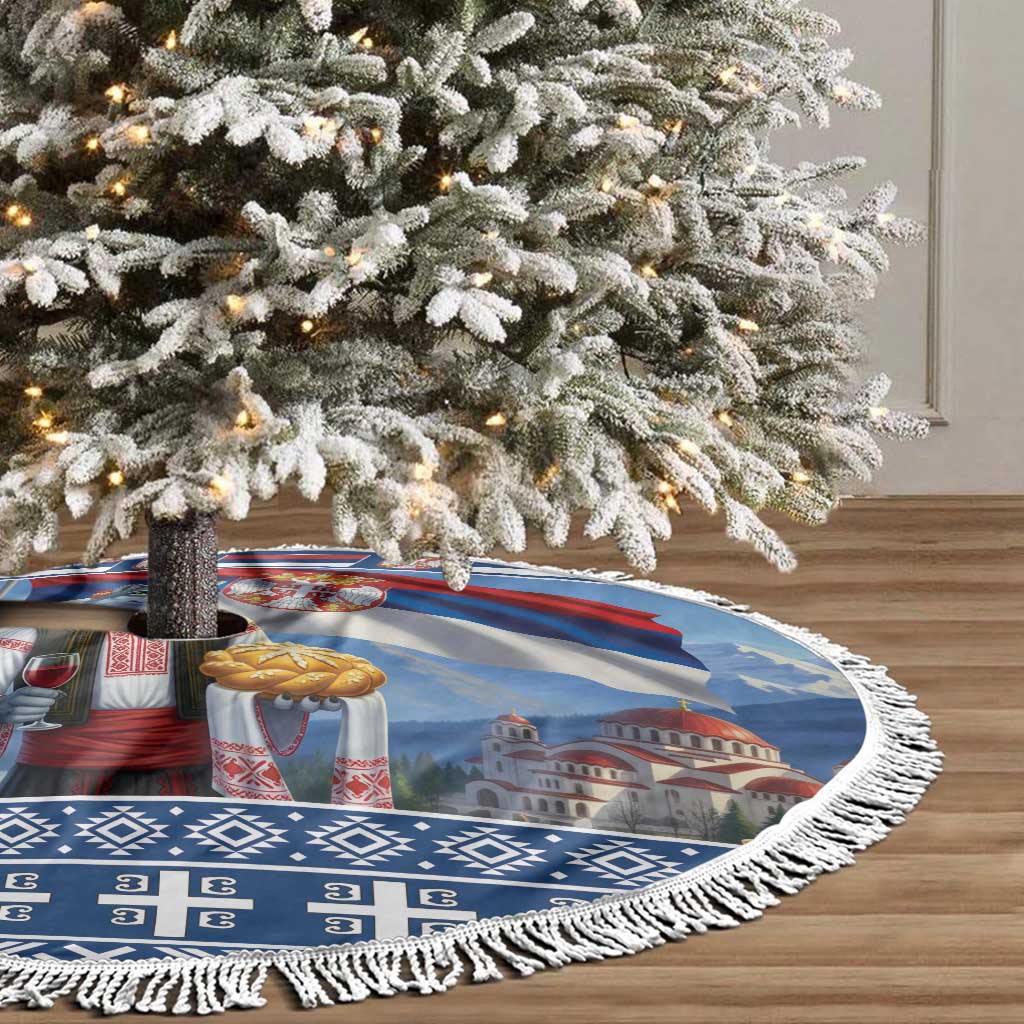 Round blue tree skirt with Serbian flag wolf graphic and white fringed border