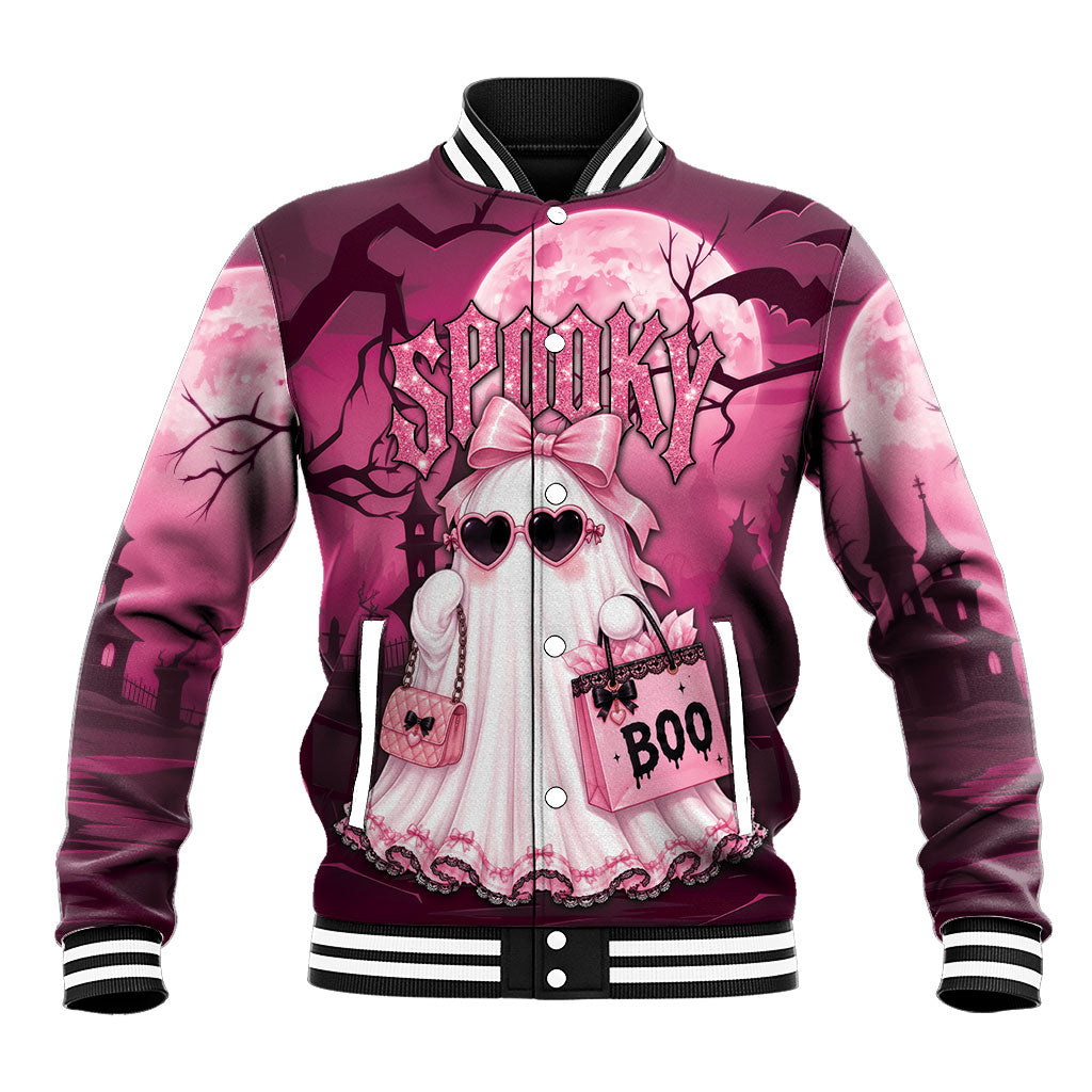Coquette Ghost Pink Halloween Baseball Jacket Spooky Glam Coquette Style