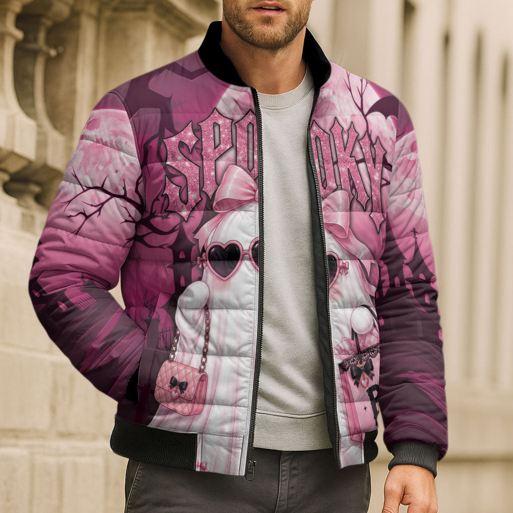 Coquette Ghost Pink Halloween Bomber Puffer Jacket Spooky Glam Coquette Style