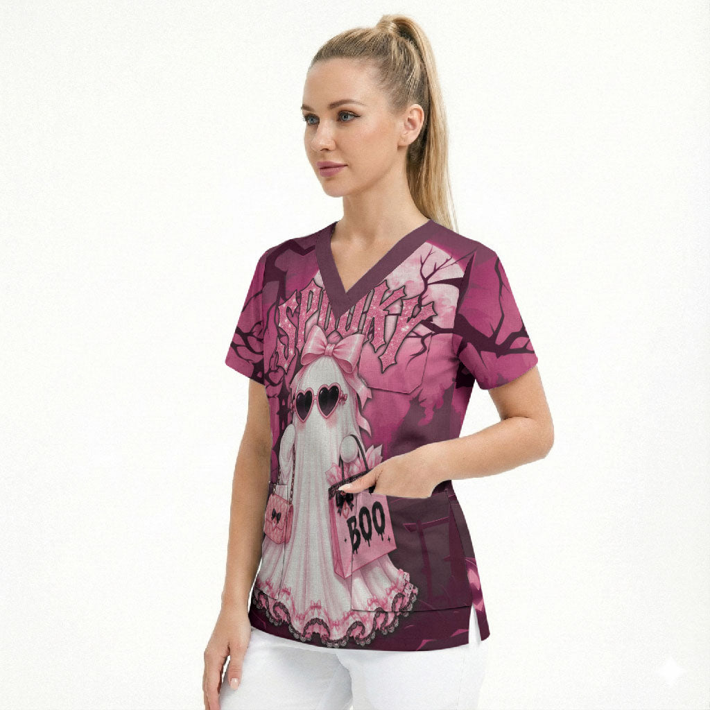 Coquette Ghost Pink Halloween Scrub Top Spooky Glam Coquette Style