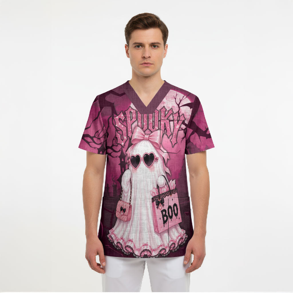 Coquette Ghost Pink Halloween Scrub Top Spooky Glam Coquette Style