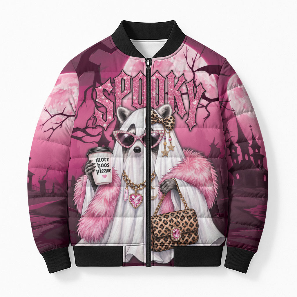 Leopard Raccoon Pink Halloween Bomber Puffer Jacket Spooky Glam Raccoon Ghost
