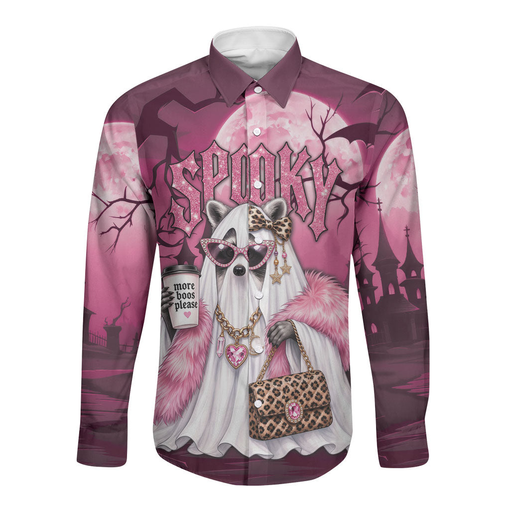 Leopard Raccoon Pink Halloween Long Sleeve Button Shirt Spooky Glam Raccoon Ghost