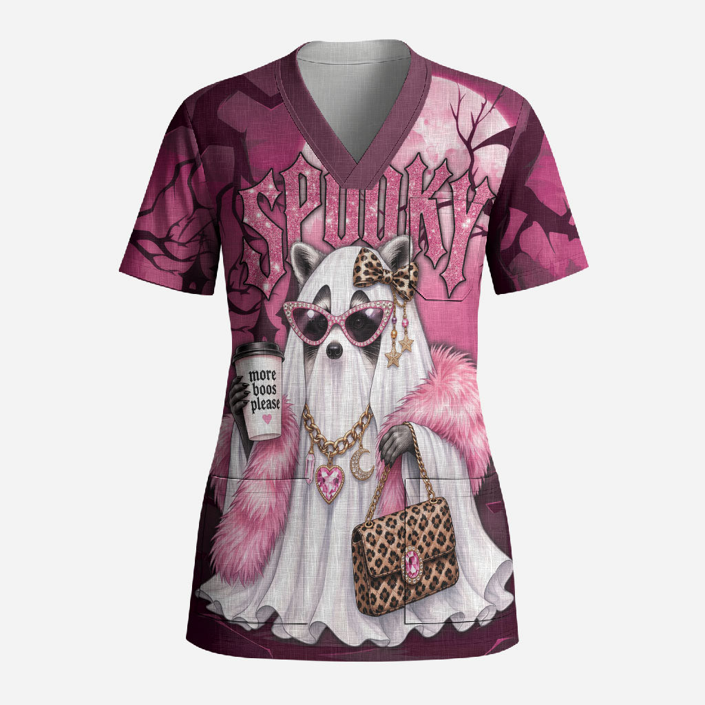 Leopard Raccoon Pink Halloween Scrub Top Spooky Glam Raccoon Ghost