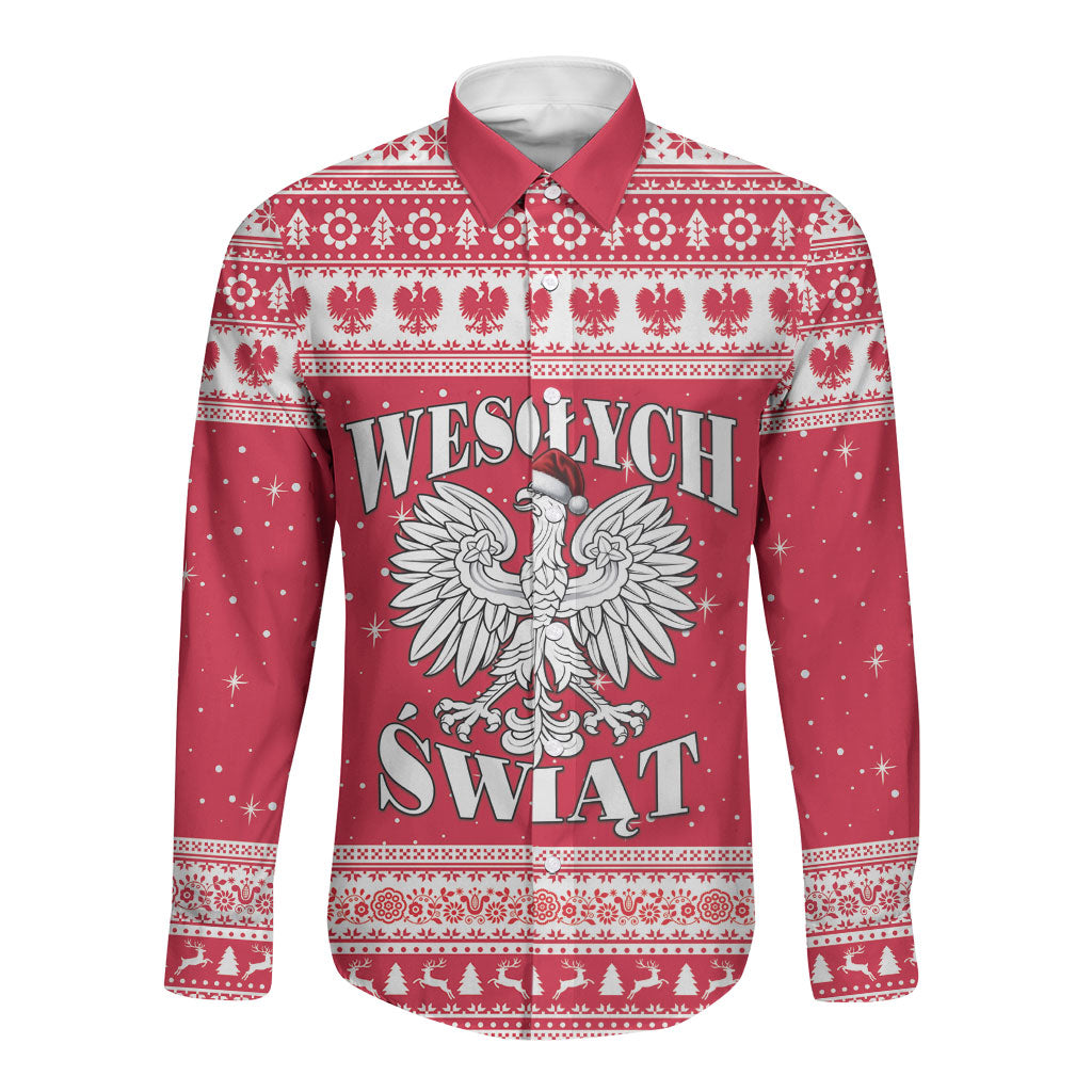 Poland Christmas Long Sleeve Button Shirt Polish White Eagle Wesolych Swiat