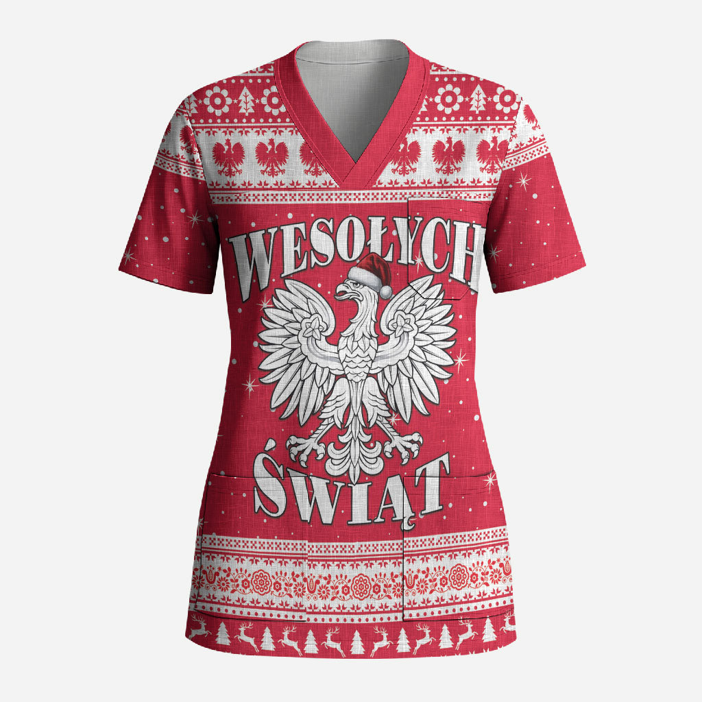 Poland Christmas Scrub Top Polish White Eagle Wesolych Swiat
