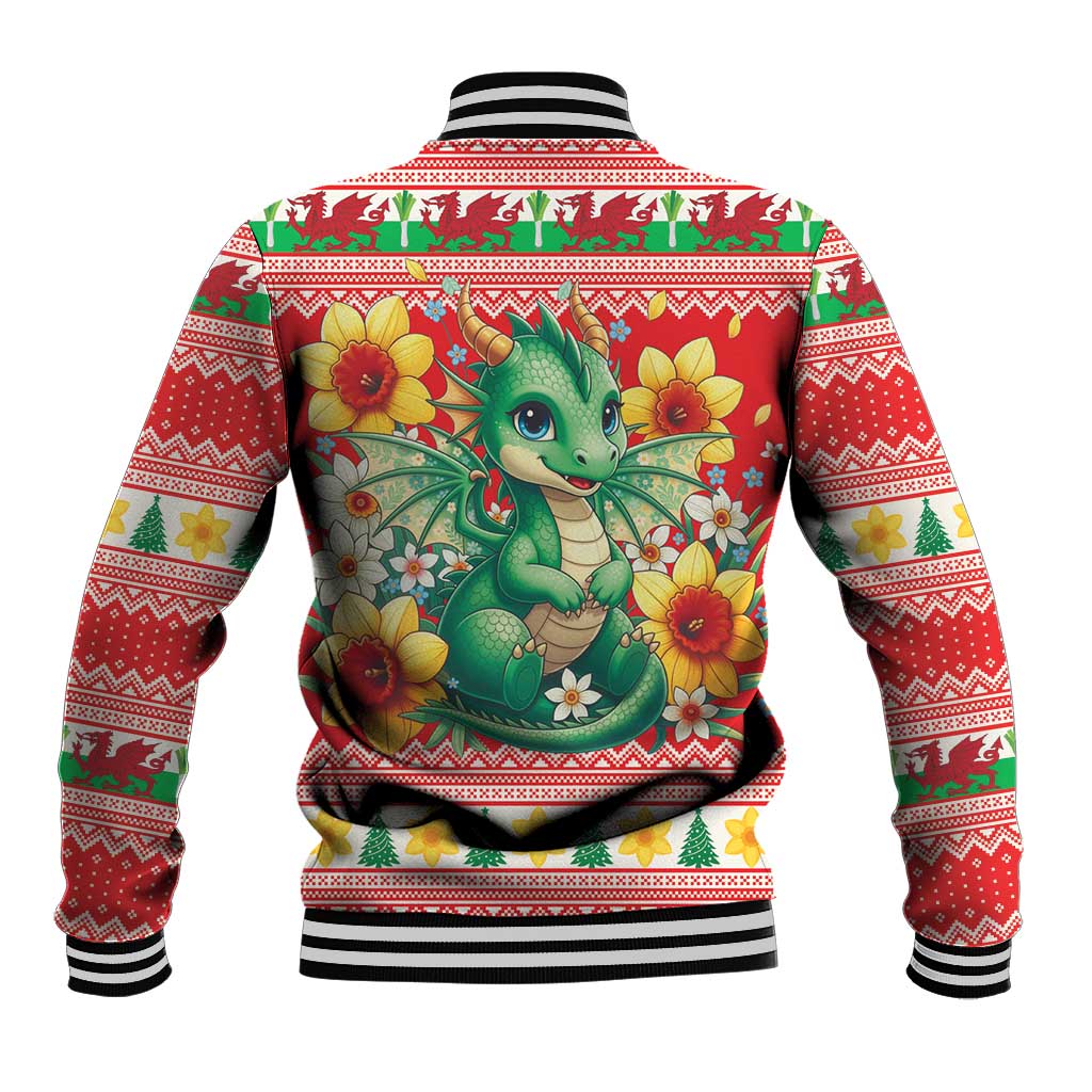Wales Christmas Baseball Jacket Cute Green Welsh Dragon and Daffodils - Wonder Print Shop