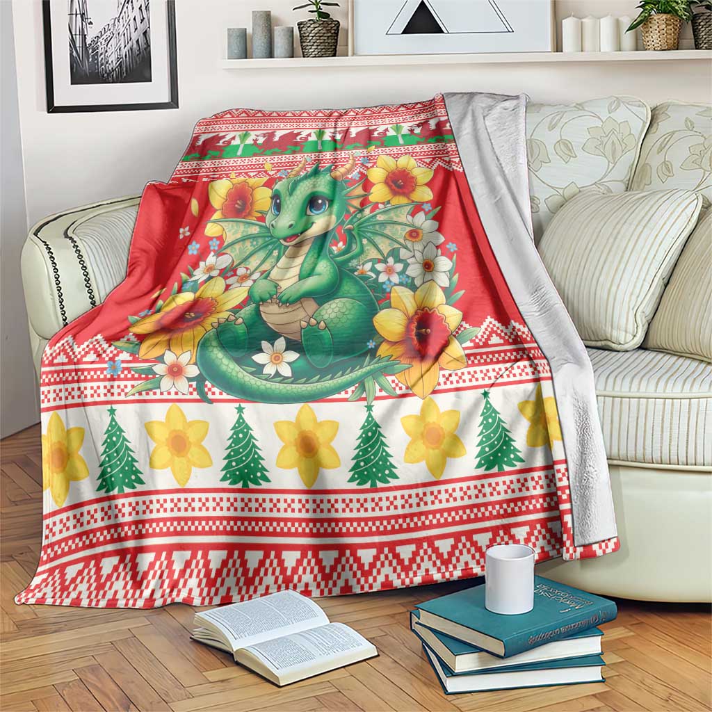 Wales Christmas Blanket Cute Green Welsh Dragon and Daffodils - Wonder Print Shop