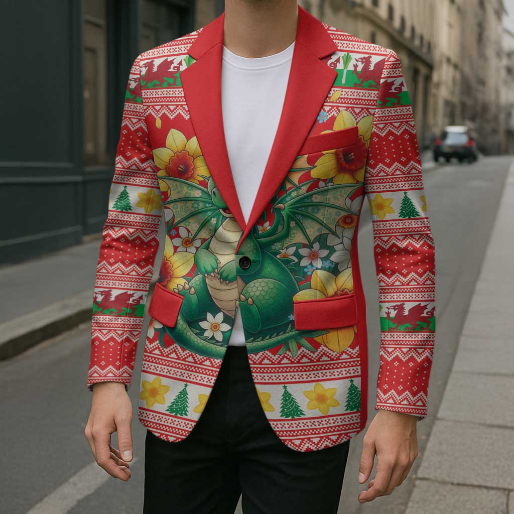 Wales Christmas Blazer Cute Green Welsh Dragon and Daffodils - Wonder Print Shop