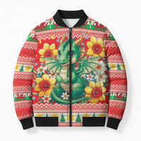 Wales Christmas Bomber Puffer Jacket Cute Green Welsh Dragon and Daffodils - Wonder Print Shop