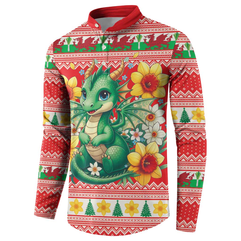 Wales Christmas Button Sweatshirt Cute Green Welsh Dragon and Daffodils - Wonder Print Shop