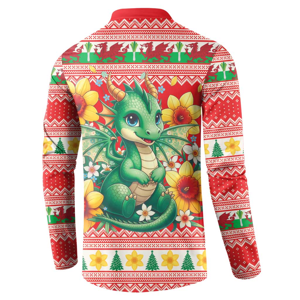 Wales Christmas Button Sweatshirt Cute Green Welsh Dragon and Daffodils - Wonder Print Shop