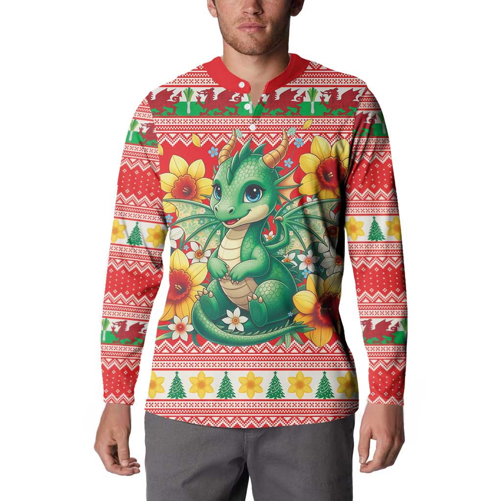 Wales Christmas Button Sweatshirt Cute Green Welsh Dragon and Daffodils - Wonder Print Shop