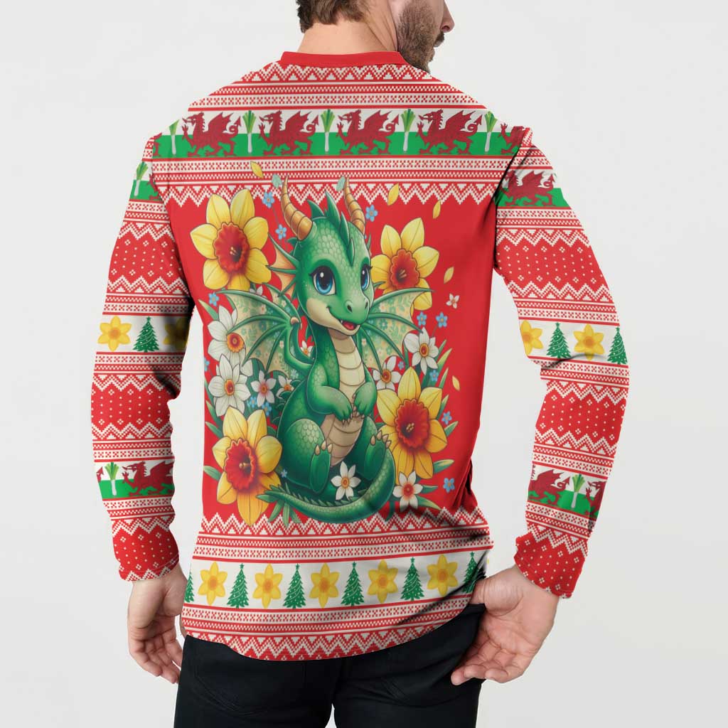 Wales Christmas Button Sweatshirt Cute Green Welsh Dragon and Daffodils - Wonder Print Shop
