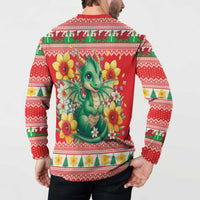 Wales Christmas Button Sweatshirt Cute Green Welsh Dragon and Daffodils - Wonder Print Shop