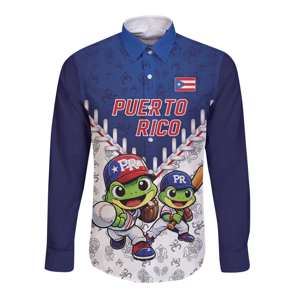 Puerto Rico Baseball Custom Long Sleeve Button Shirt Boricua Coquí Baseball Mascot