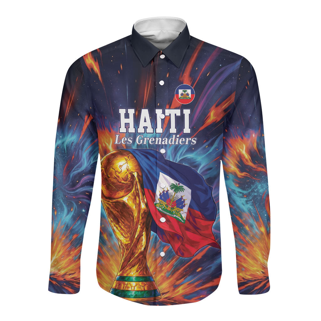 Personalized World Football 2026 Afro Haiti Long Sleeve Button Shirt Les Grenadiers Trophy Flag Art