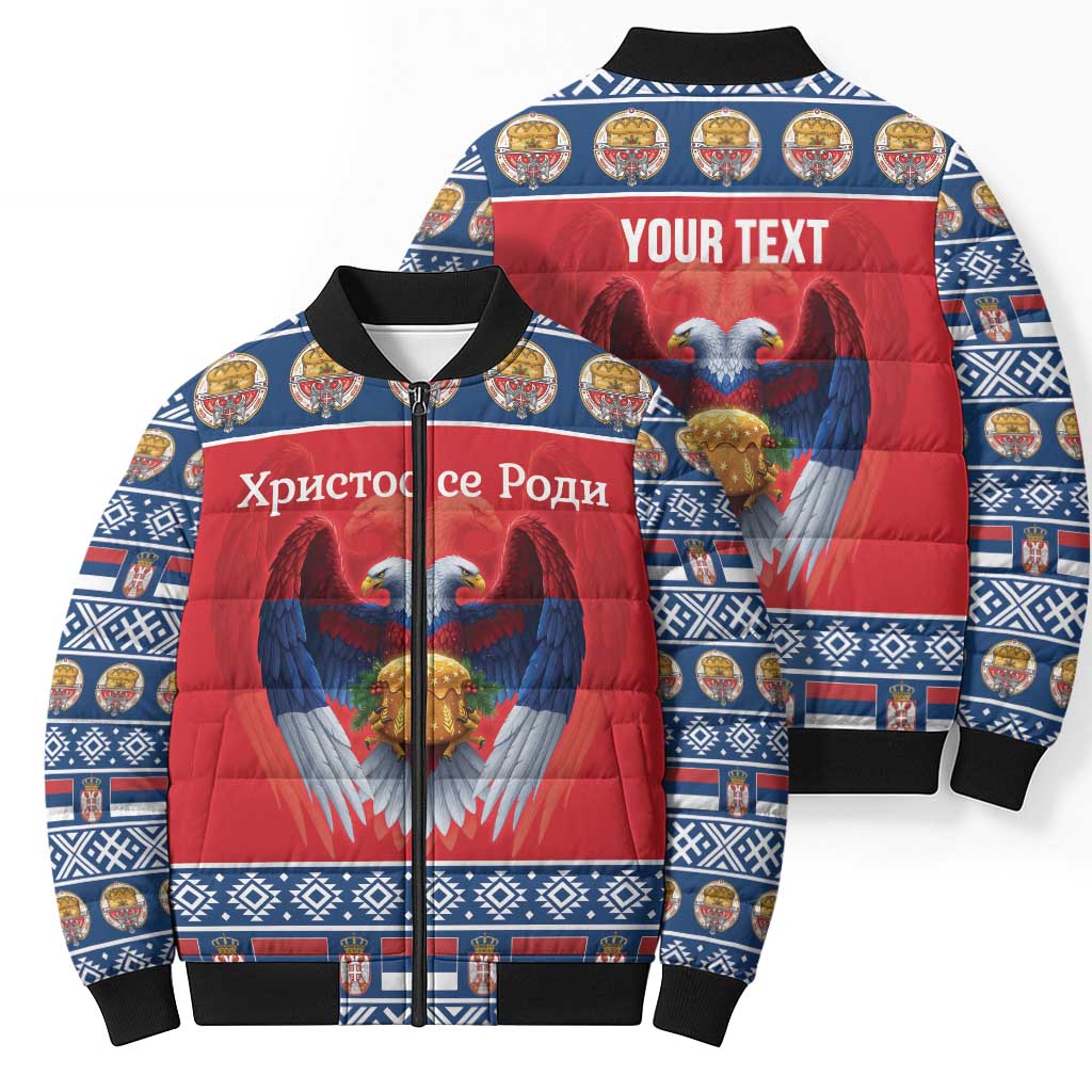 Personalized Serbia Christmas Bomber Puffer Jacket Eagle with Cesnica Christmas Bread - Wonder Print Shop