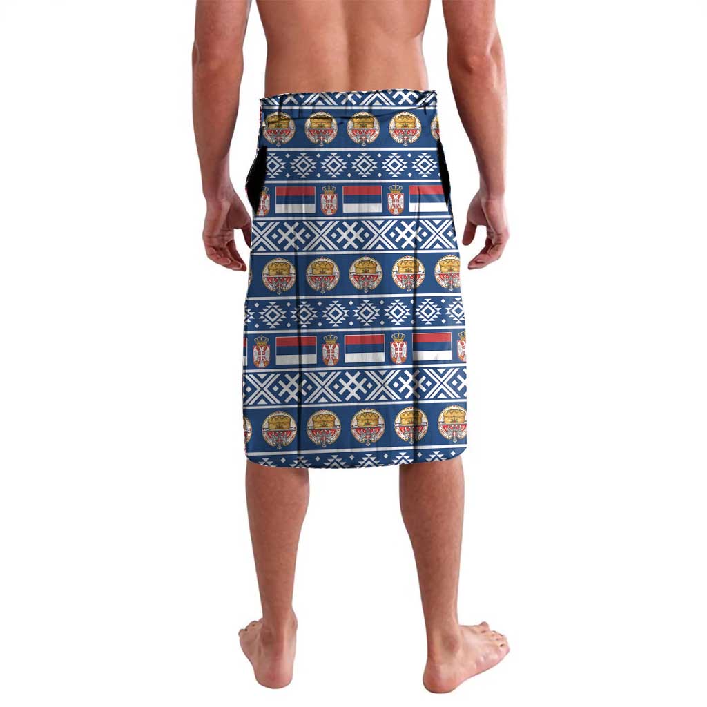 Personalized Christmas lavalava with blue patterned border and festive icon rows