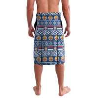 Personalized Christmas lavalava with blue patterned border and festive icon rows