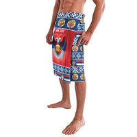 Personalized Christmas lavalava with red eagle panel and blue geometric trim