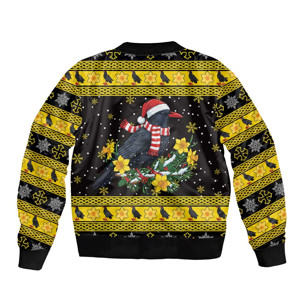 Flintshire Wales Christmas Bomber Jacket Welsh Red-billed Chough with Daffodil - Wonder Print Shop