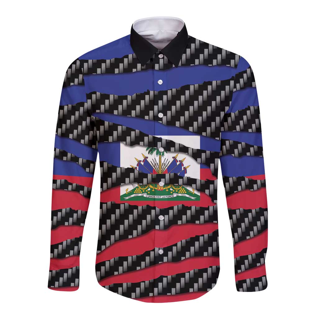Haiti Beast Long Sleeve Button Shirt Ripped Flag Graphic - Wonder Print Shop