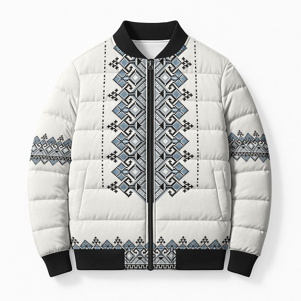 Ukraine Vyshyvanka Inspired Bomber Puffer Jacket Ukrainian Trident Folk Embroidery Motif Pattern