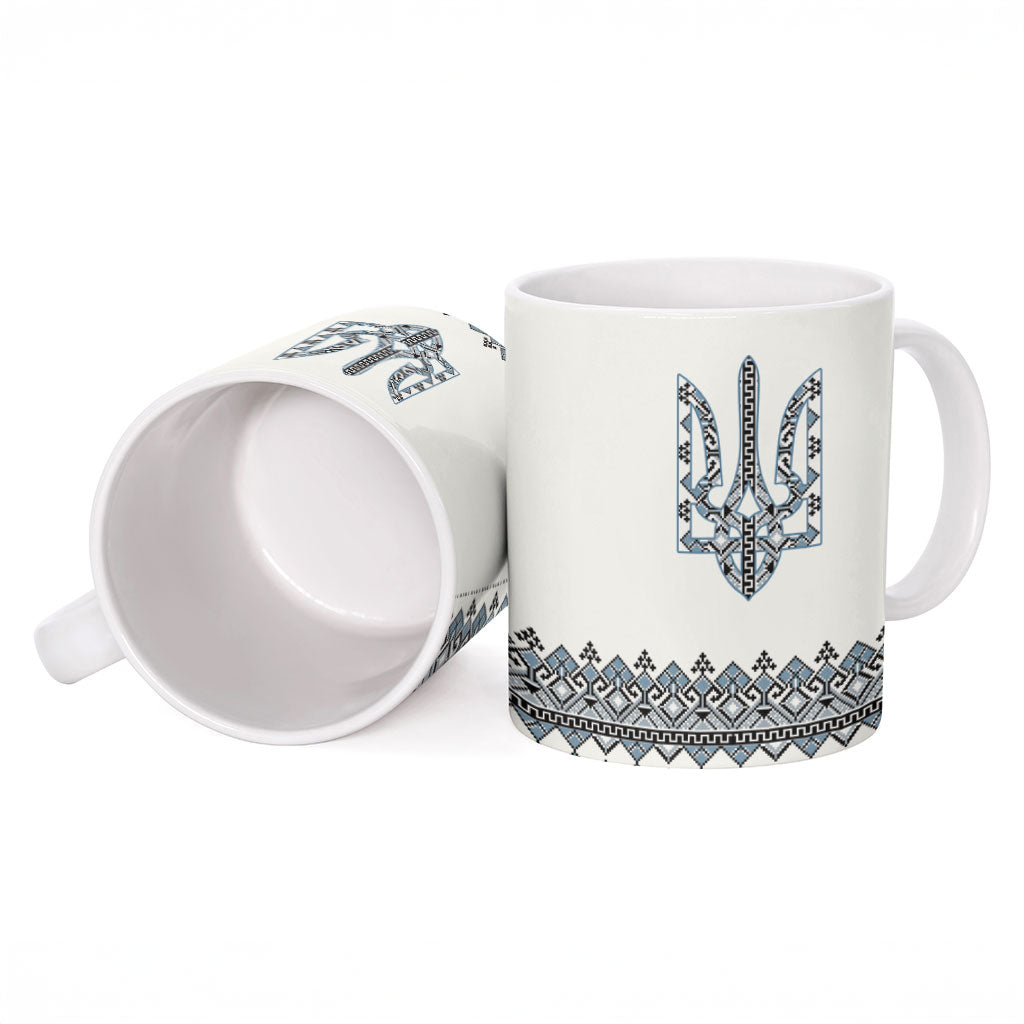 Ukraine Vyshyvanka Inspired Ceramic Mug Ukrainian Trident Folk Embroidery Motif Pattern