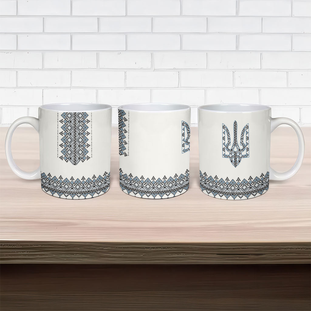 Ukraine Vyshyvanka Inspired Ceramic Mug Ukrainian Trident Folk Embroidery Motif Pattern