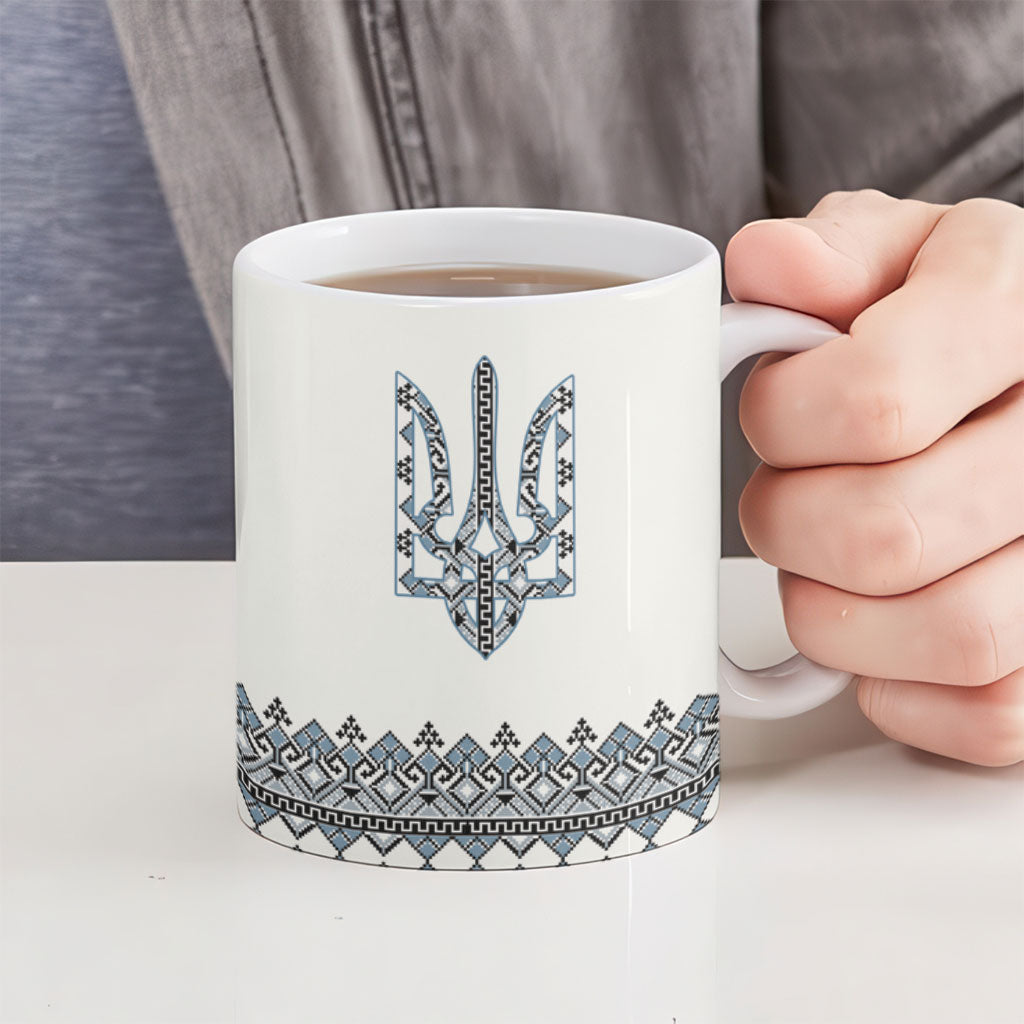 Ukraine Vyshyvanka Inspired Ceramic Mug Ukrainian Trident Folk Embroidery Motif Pattern