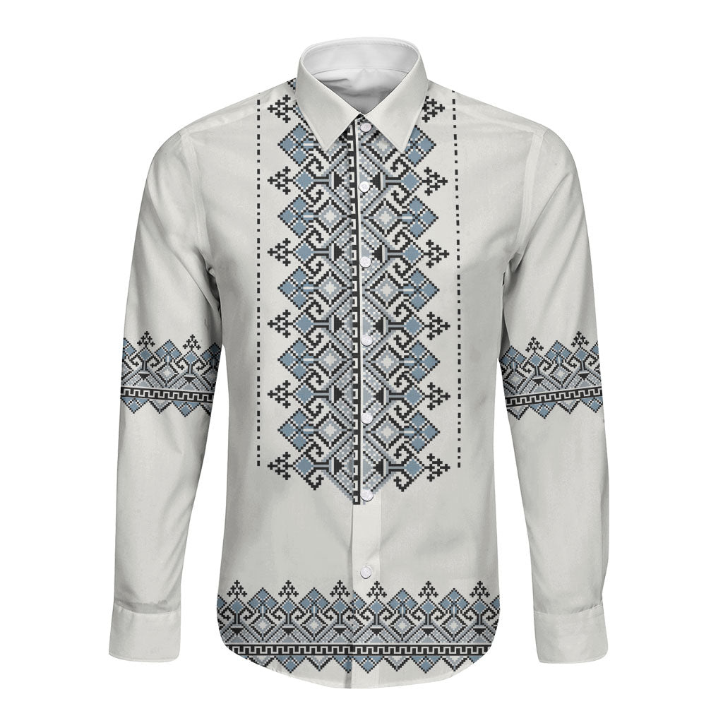 Ukraine Vyshyvanka Inspired Long Sleeve Button Shirt Ukrainian Trident Folk Embroidery Motif Pattern