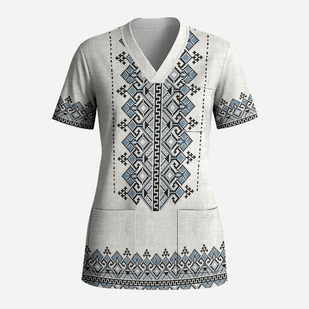 Ukraine Vyshyvanka Inspired Scrub Top Ukrainian Trident Folk Embroidery Motif Pattern