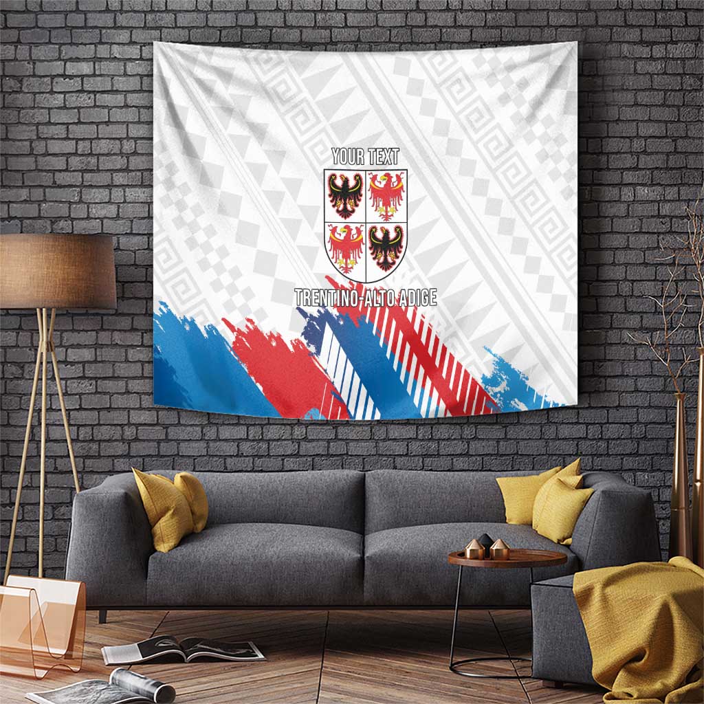 White wall tapestry flag with crest, blue/red diagonal stripes, and 'YOUR TEXT'
