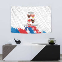 White wall tapestry flag with crest and 'YOUR TEXT', plus blue/red diagonal brush motif