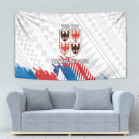 White wall tapestry flag with crest, 'YOUR TEXT' label, and blue/red diagonal stripes