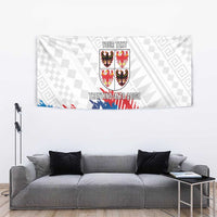 White wall tapestry flag with crest, blue/red diagonal stripes, and 'YOUR TEXT' at top