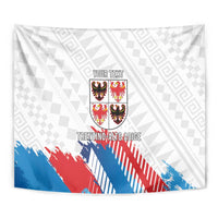White wall tapestry flag close-up with crest, 'TRENTINO-ALTO ADIGE', and blue/red motif