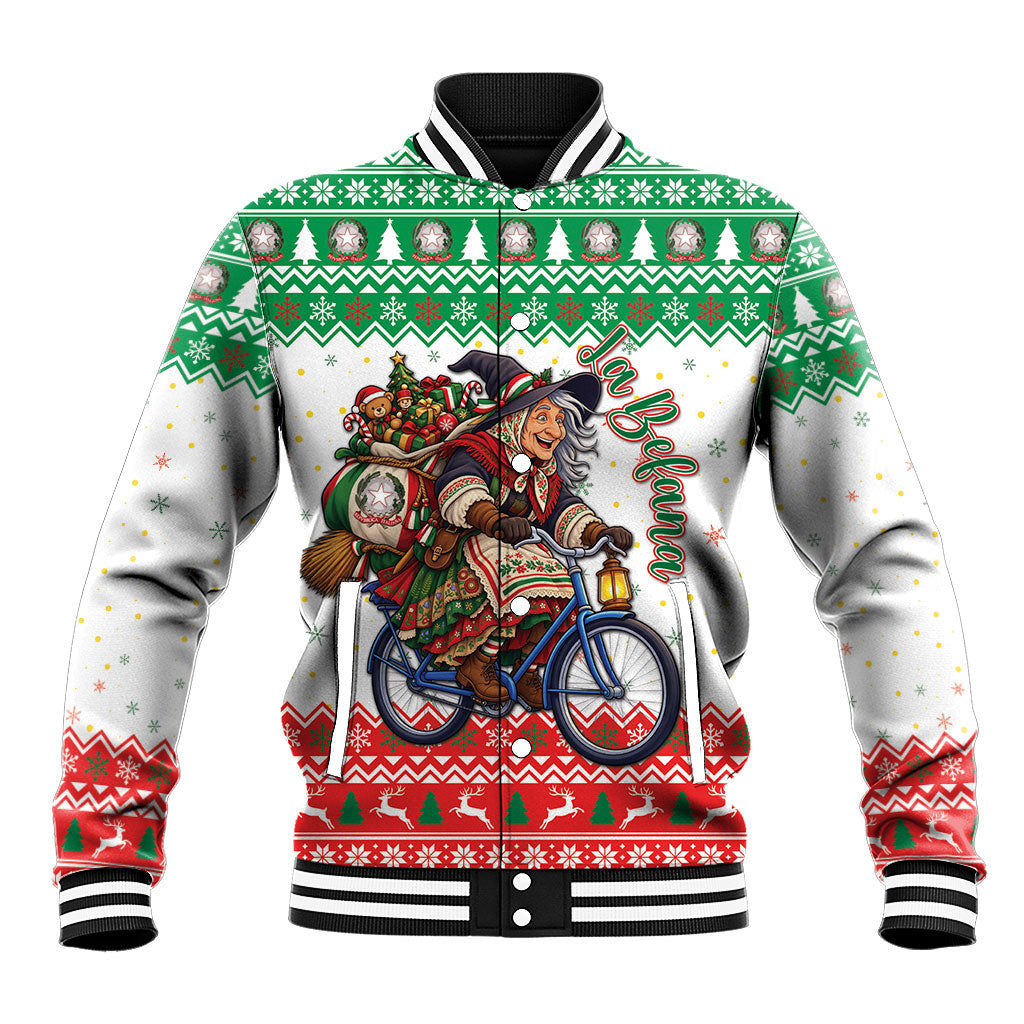 Italy Christmas Baseball Jacket La Befana Riding Bicycle