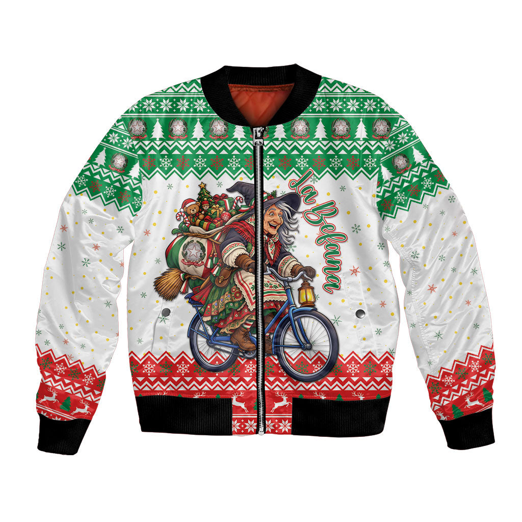 Italy Christmas Bomber Jacket La Befana Riding Bicycle