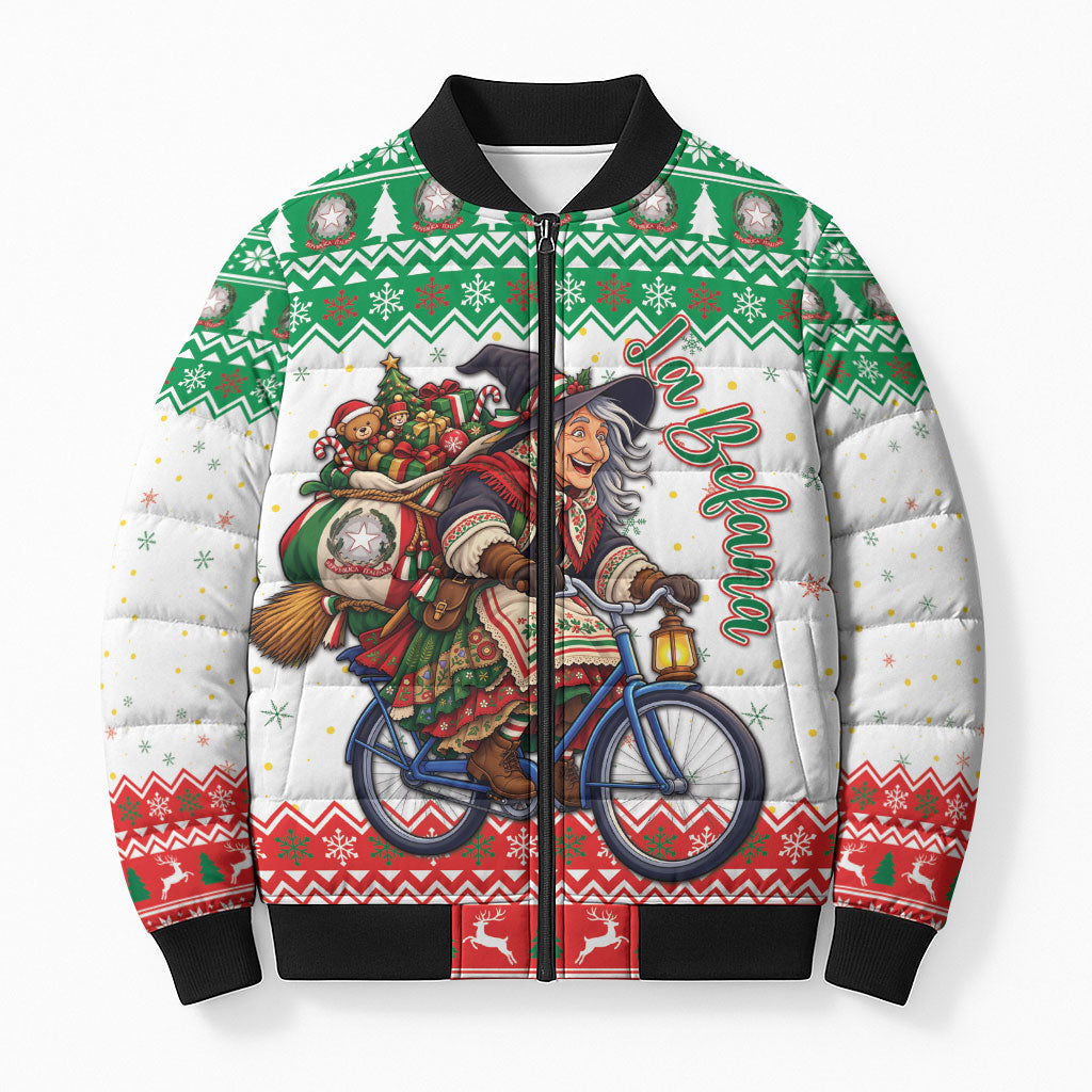Italy Christmas Bomber Puffer Jacket La Befana Riding Bicycle
