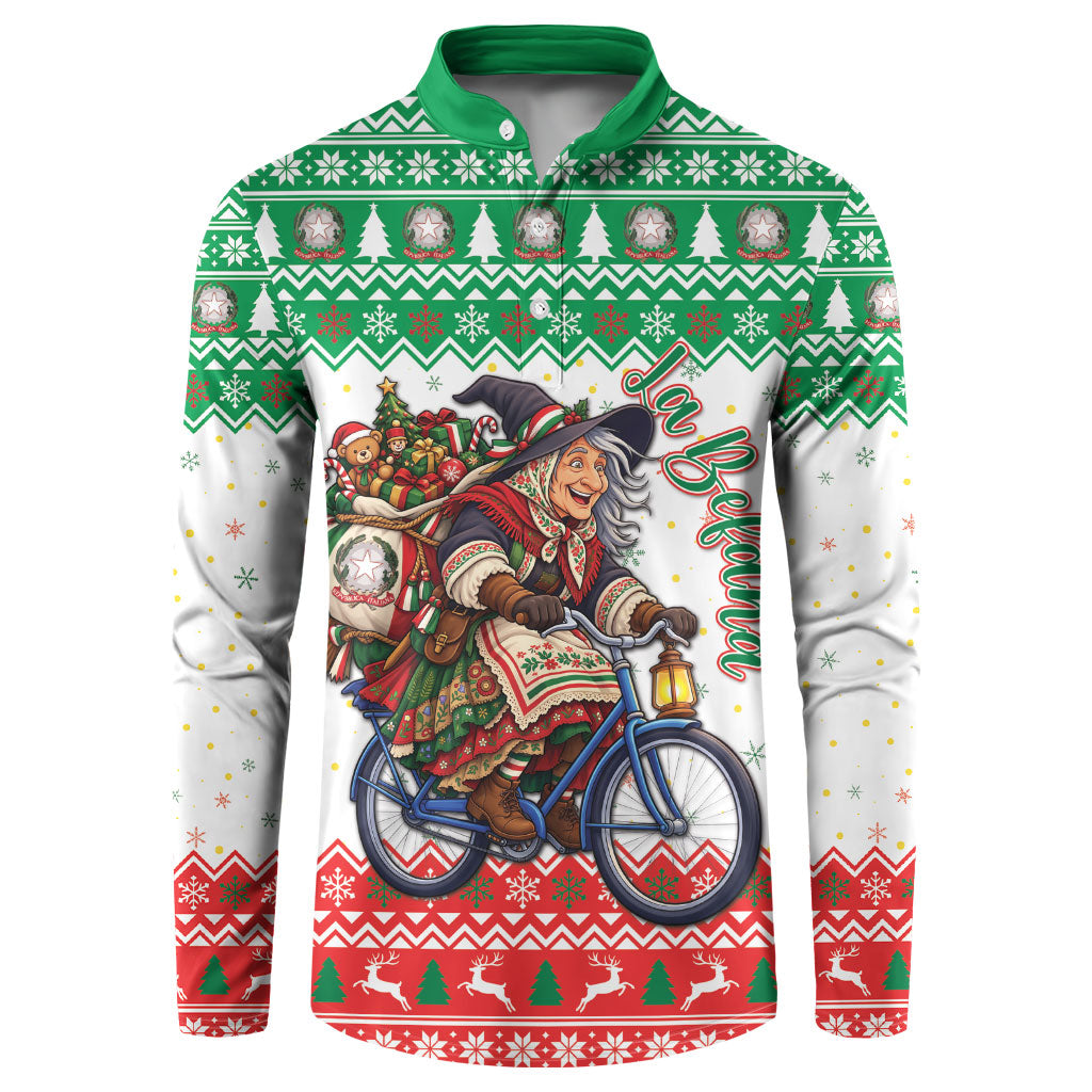 Italy Christmas Button Sweatshirt La Befana Riding Bicycle
