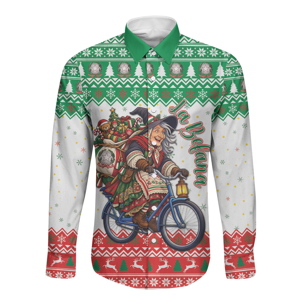 Italy Christmas Long Sleeve Button Shirt La Befana Riding Bicycle