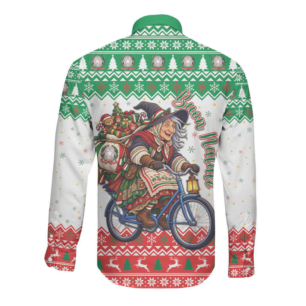 Italy Christmas Long Sleeve Button Shirt La Befana Riding Bicycle