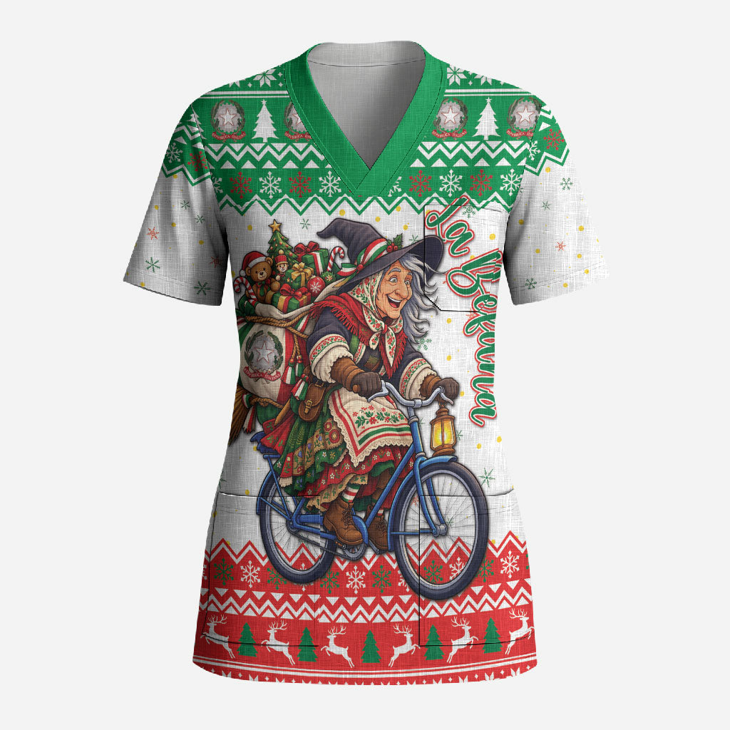 Italy Christmas Scrub Top La Befana Riding Bicycle