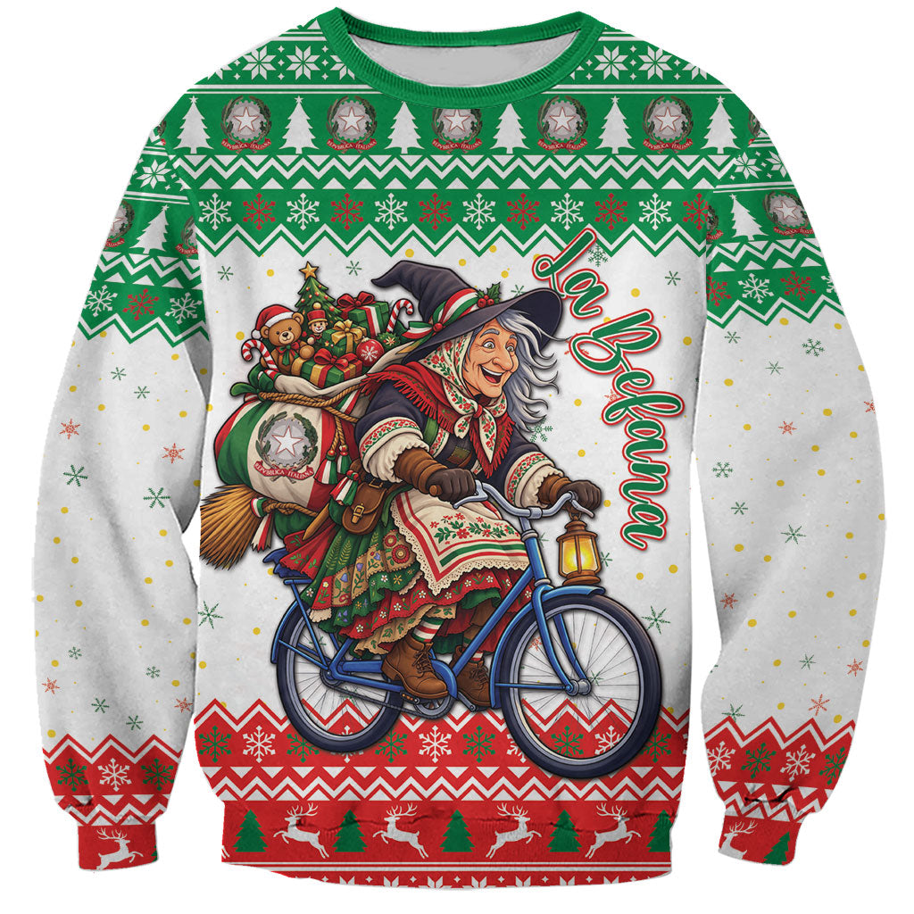 Italy Christmas Sweatshirt La Befana Riding Bicycle