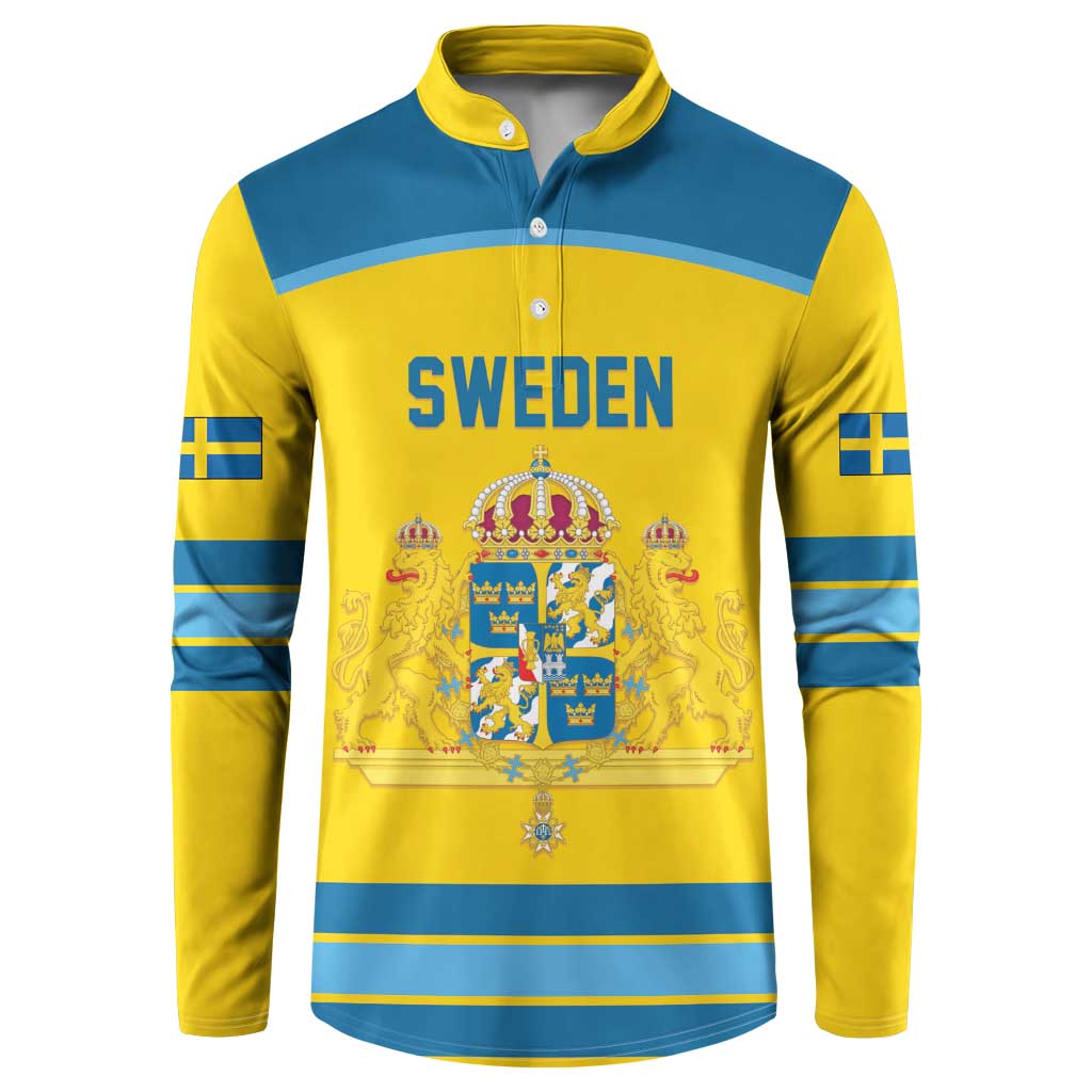 Sweden Ice Hockey Custom Button Sweatshirt Swedish Coat of Arms Design