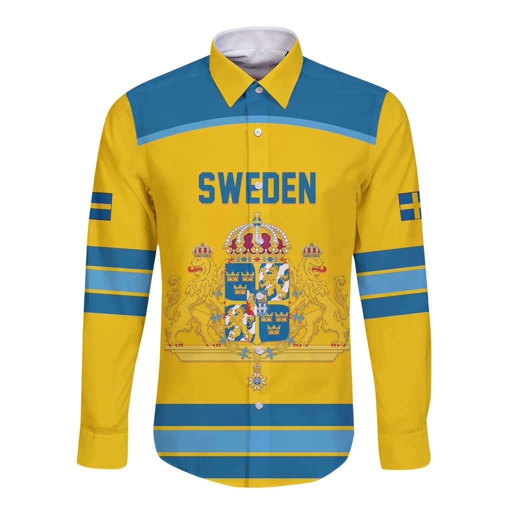 Sweden Ice Hockey Custom Long Sleeve Button Shirt Swedish Coat of Arms Design