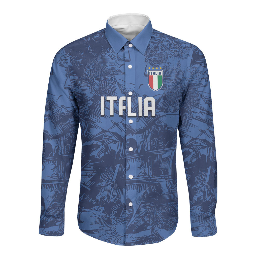 Custom Italy Football Long Sleeve Button Shirt Gli Azzurri Renaissance Art Blue Version