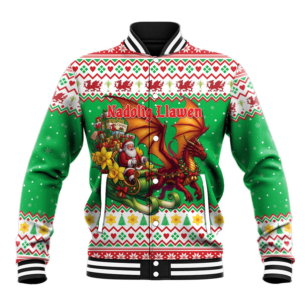 Wales Christmas Baseball Jacket Welsh Dragon Santa Sleigh